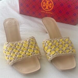 Tory Burch Beige and Yellow Woven Sandals